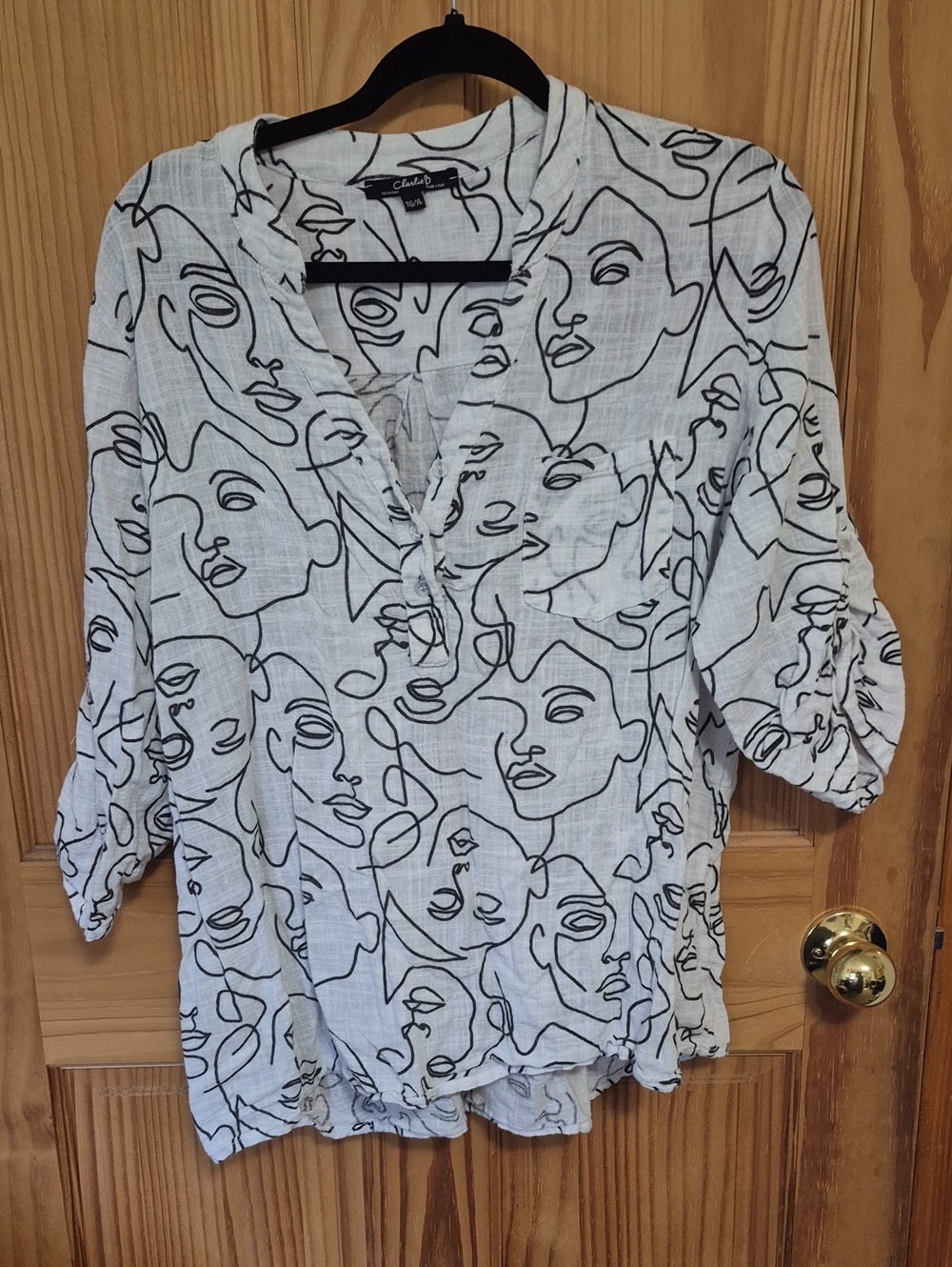 CHARLIE B White Blouse with Black Abstract Face Print